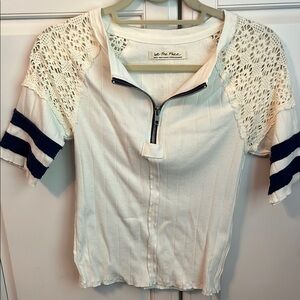 Free People Cream and Navy Lace Sleeve Top